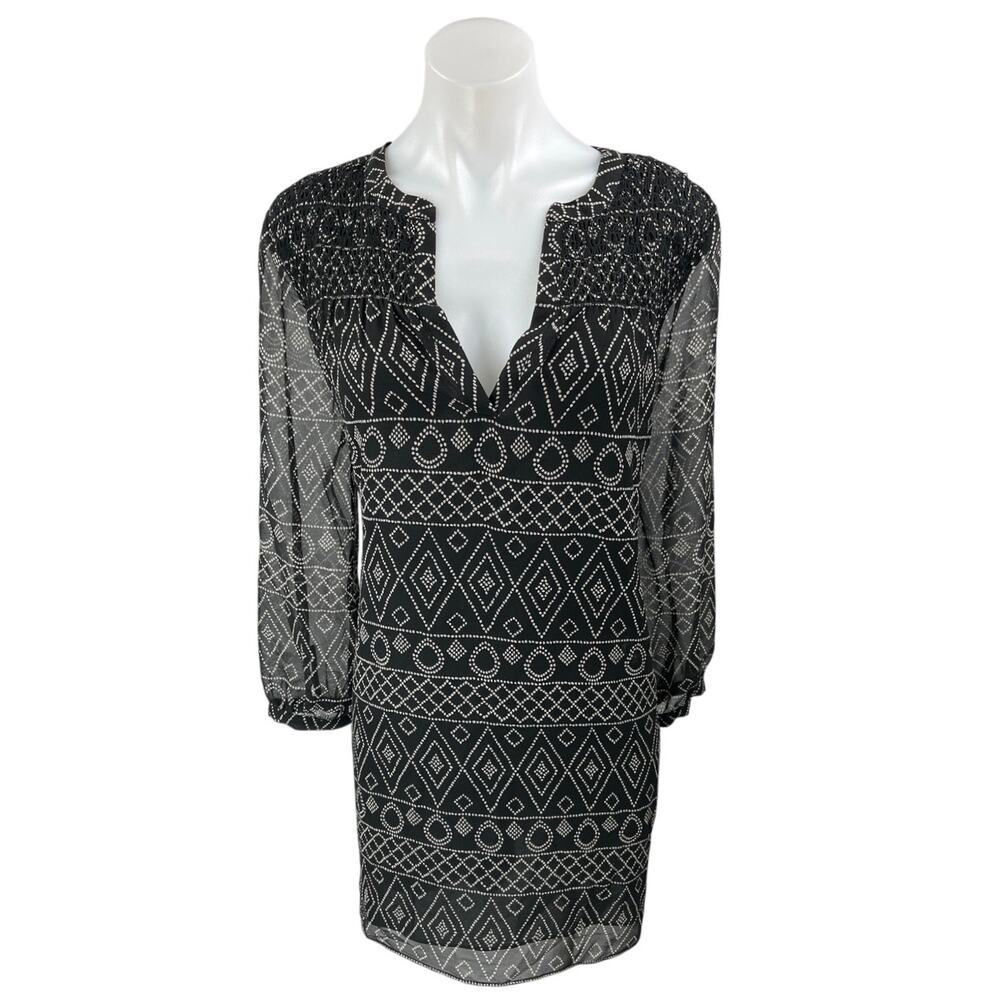 Madewell Black Tribal Southwest Print Smocked Long Sleeve Mini Shift Dress Sz M